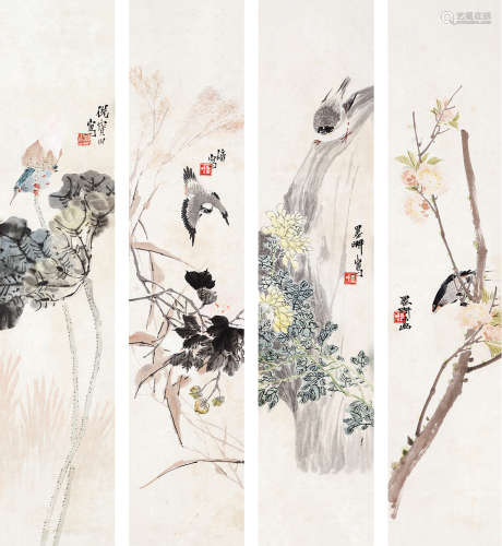 倪田（1855～1919） 花鸟 四屏立轴 设色纸本