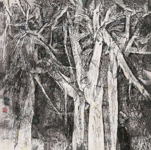 石虎（b.1942） 树林 立轴 设色纸本