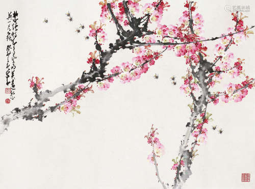 赵少昂（1905～1998） 1963年作 桃花蜜蜂 镜心 设色纸本