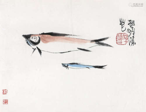 程十发（1921～2007） 双鱼图 镜心 设色纸本
