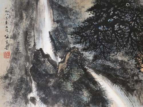 黎雄才（1910～2001） 1983年作 松瀑图 镜心 设色纸本