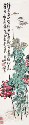 谭德钟（1876～1949） 翠叶小鸟 立轴 设色纸本