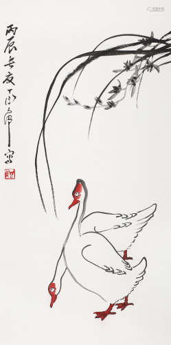 丁衍庸（1902～1978） 1976年作 兰花双鹅图 立轴 设色纸本