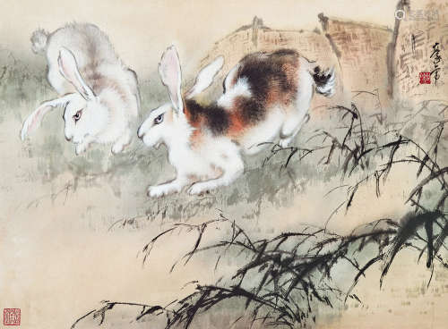 欧豪年（b.1935） 双兔 镜心 设色纸本
