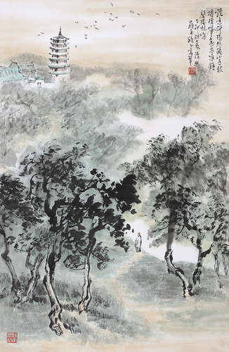 欧豪年（b.1935） 1987年作 斜阳藏山 立轴 设色纸本