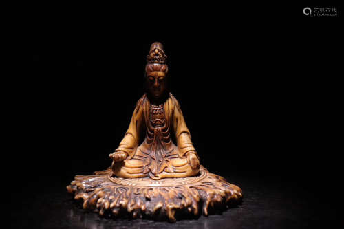 AN OLD ANTLER CARVING COLOUR GUAN YIN STATUE
