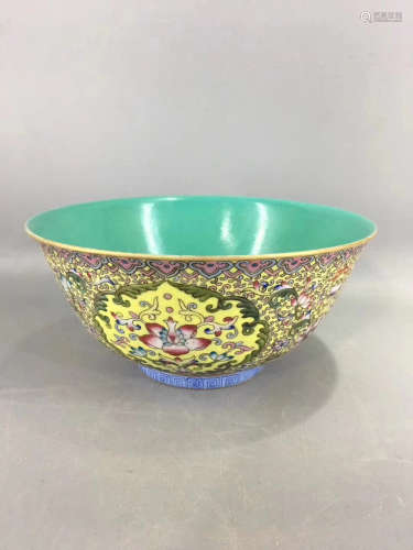 A POWDER ENAMEL BOWL WITH FLORAL DESIGN