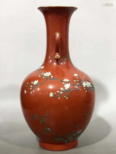 A CORAL RED GLAZE XI QUE DENG MEI PATTERN VASE