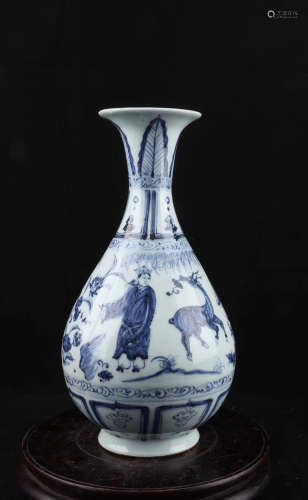 A 13th-14th  CENTURY  BLUE& WHITE FIGURE STORY PATTERN YUHU SPRING BOTTLE