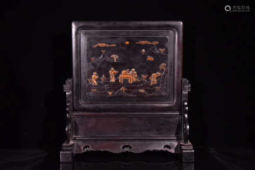 A RED SANDALWOOD FIGURE DESGIN TABLE SCREEN LATE QING DYNASTY