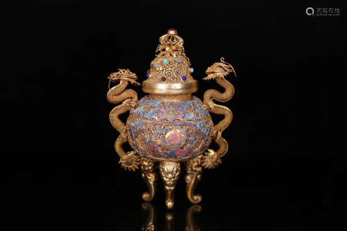 A SILER GILT GOLD-PLATED DOUBLE DRAGON TRIANGLE FURNACE