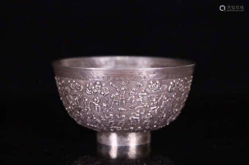 AN OLD SILVER BOWL WITH HANDRED CHILDREN DESIGN