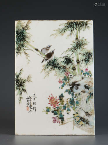Chinese Porcelain Plaque Depicting Birds & Bamboo