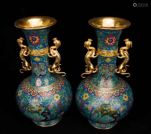 Pair Of  Enamel  Dragon Ears Vase