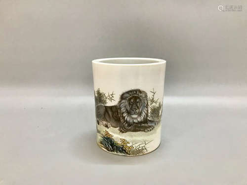 Chinese Republic Lion Porcelain Brush Pot