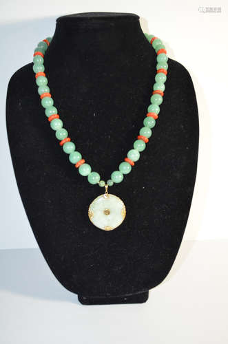 Chinese antique 14k gold jade and coral necklace