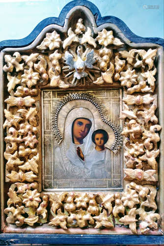 19c Russian icon of Kazanskaya with Meltal oklad