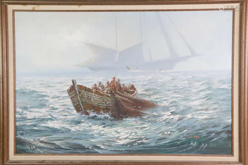 Oil on canvas of ocean scene and boats