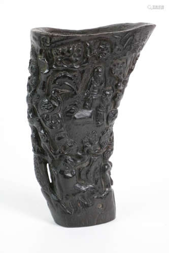 Chinese carved buffalo horn libation cup