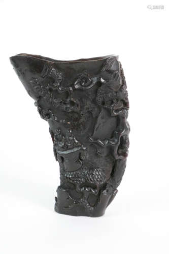 Chinese carved buffalo horn libation cup