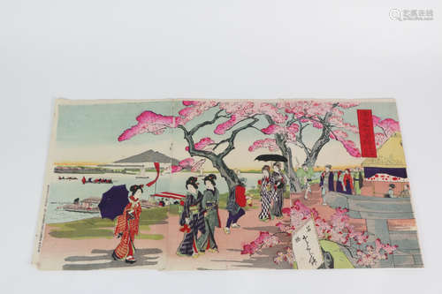 Japanese painting of people and garden scene.