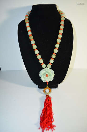 Chinese 14k gold coral and jade necklace