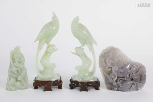 4 Pieces of Chinese Carved Jade Boulder & Birds