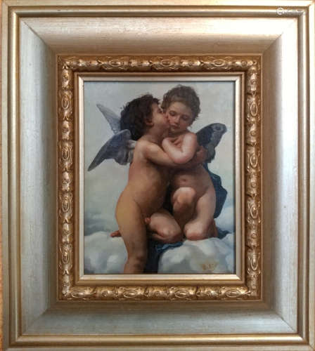 Antique oil painting of the Kissing Angels.