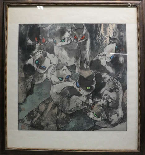 Guan, YuLiang. Chinese painting of 8 cats