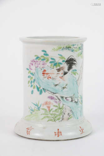 Chinese porcelain brush pot with rooster design