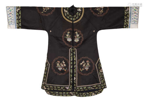 19th C. Chinese Black Silk Embroidery  Robe