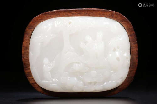HETIAN JADE FINE CRAVED TABLET WITH WOOD BASE