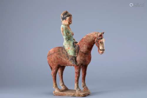 RED POTTERY COLOR PAINTING RIDING FIGURE,TANG DYNASTY