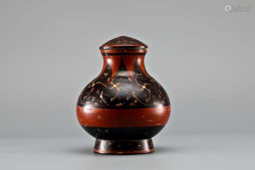 WOOD GOLD DRAWING LACQUER JAR WITH COVER