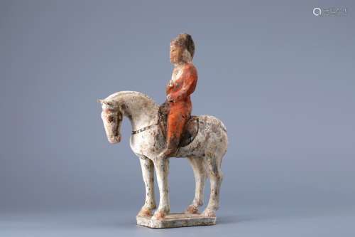 RED POTTERY COLOR PAINTING RIDING FIGURE, TANG DYNASTY