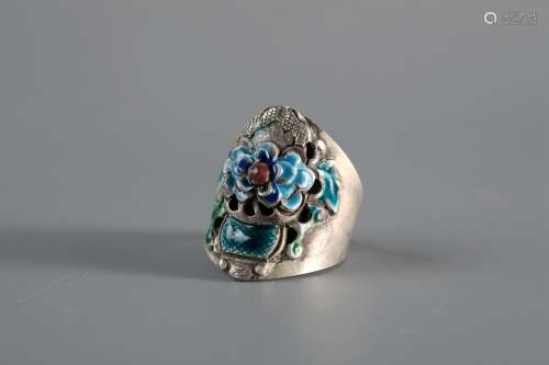 SILVER BLUING FLOWER CARVED RING