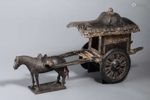 BLACK POTTERY HORSE AND CART STATUE