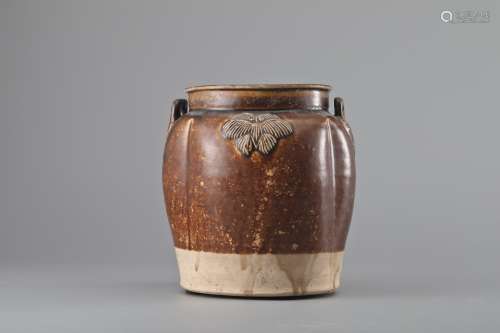 CHANGSHA KILN BROWN GLAZE APPLIQUE GRAIN JAR,TANG DYNASTY