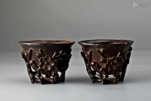 ROSEWOODE CARVED MAGNOLIA AND PLUM BLOSSOM TEA CUPS,QING QIANLONG DYNASTY