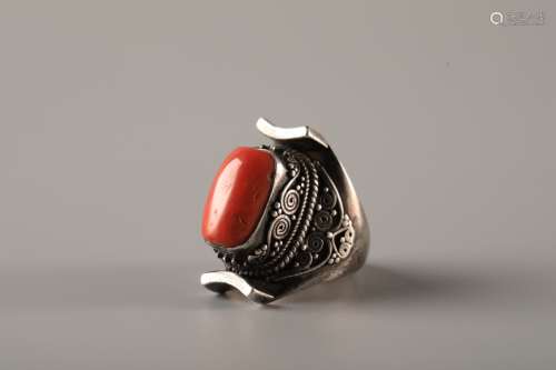 CORAL FLOWER GRAIN SILVER RING
