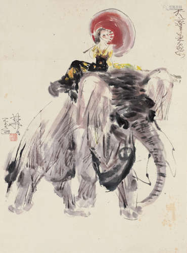 林墉（b.1942） 1990年作 大象与少女 立轴 设色纸本