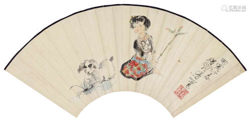 程十发（1921～2007） 丙寅 1986年作 少女与羊 扇面 设色纸本