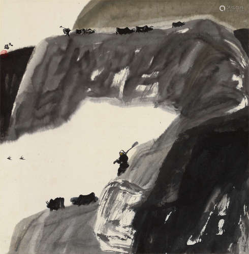 贾又福（b.1942） 山村牧牛 立轴 设色纸本