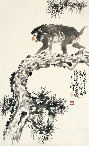 孙其峰（b.1920） 庚辰 2000年作 松猿图 镜片 设色纸本