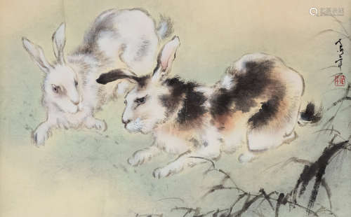 欧豪年（b.1935） 双兔图 镜片 设色纸本