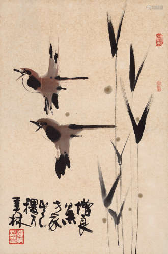 韩美林（b.1936） 竹雀图 立轴 设色纸本