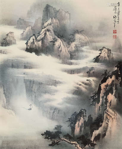 欧豪年（b.1935） 辛未 1991年作 轻舟已过万重山 镜片 设色纸本