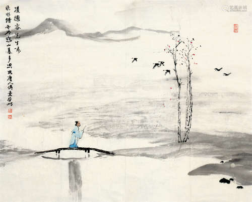 亚明（1924～2002） 秋江雁影 镜片 设色纸本