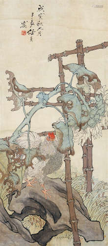 任薰（1835～1893） 戊寅 1878年作 大吉图 立轴 设色纸本