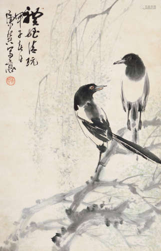 康师尧（1921～1985） 甲子 1984年作 枝头双鹊 镜片 设色纸本